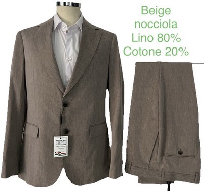 HERREN TAILLIERTES KLEID MADE IN ITALY LEINEN BEIGE TAUPE 46 48 50 52 54 56 58