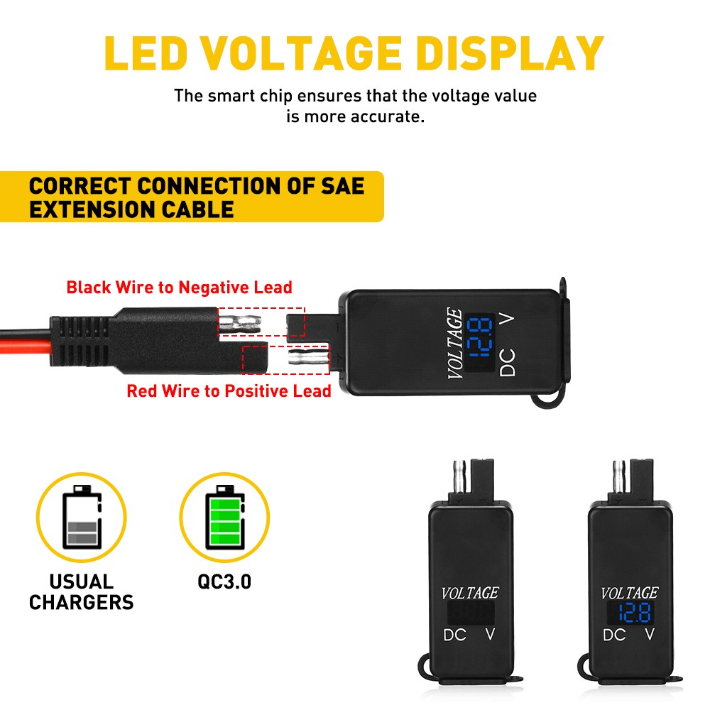 Motorcycle Dual Charger USB SAE to USB Cable Adapter Voltmeter for Phone GPS