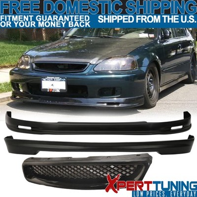 Fit 1999-2000 Civic EK 3Dr MG Front + Rear Bumper Lip + T-R Front Hood Grill
