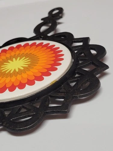 vintage 1970s psychedelic floral cast iron trivet and hot pad image 8