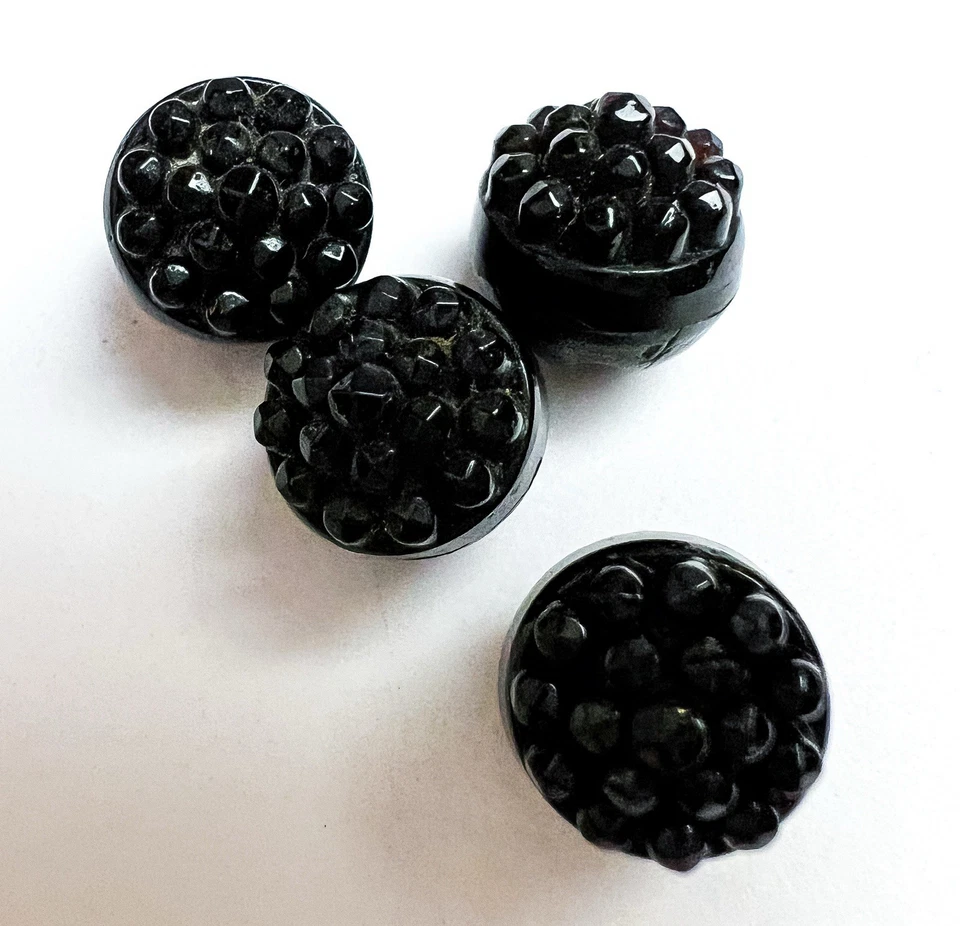 4 Antique Victorian Black Glass Ball Buttons Berry Top Metal Shank Dome Round - Image 3 of 4