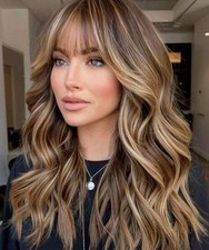 Long Wavy Caramel Honey Blonde Wigs with Bangs Lace Front 100 Human Hair Wigs