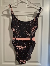 90s ColeJrs of California 1 Piece Belted,High Cut Swimsuit Pink Black USA