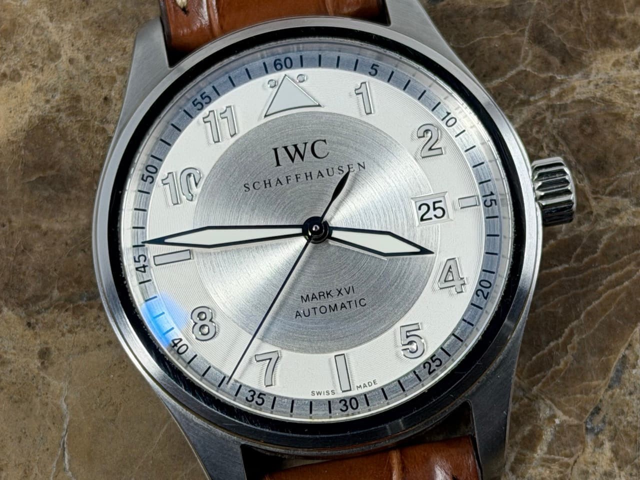 IWC Spitfire Pilot Mark XVI 39mm Automatic Silver Dial Brown Strap box papers