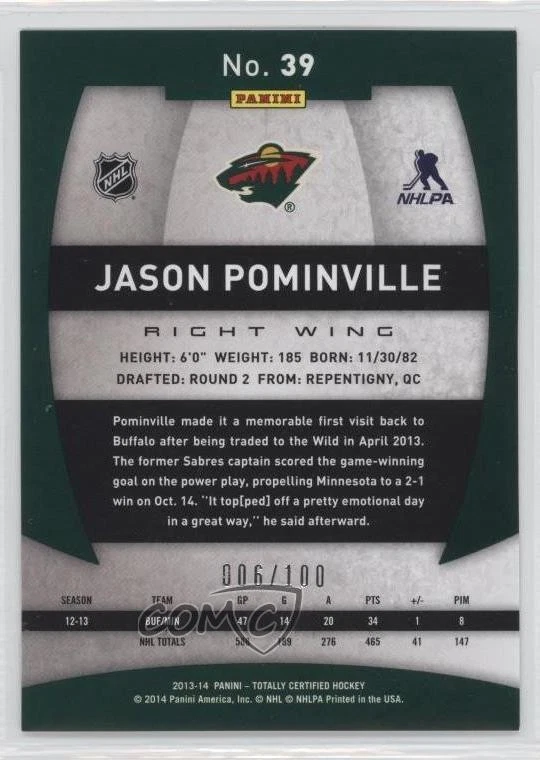 2013-14 Totally Certified Platinum Red /100 Jason Pominville #39 - Image 2 of 2