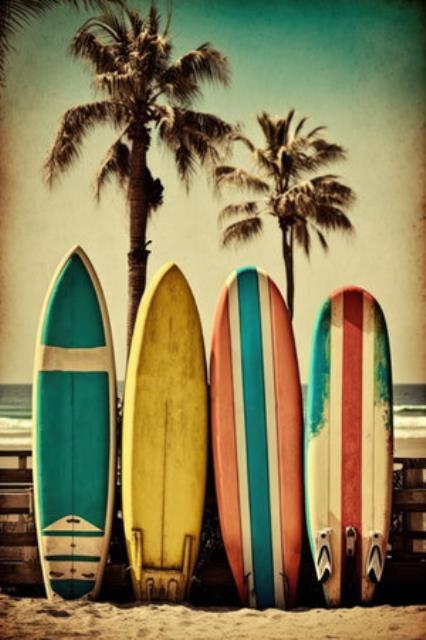 Surfbrett auf abstraktem Hintergrund des tropischen Strandes. Vintage-Tonfarbsti