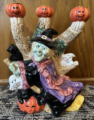 Vintage FITZ & FLOYD Ceramic WITCH JOL Pumpkin Ghost Bat HALLOWEEN CANDLE HOLDER