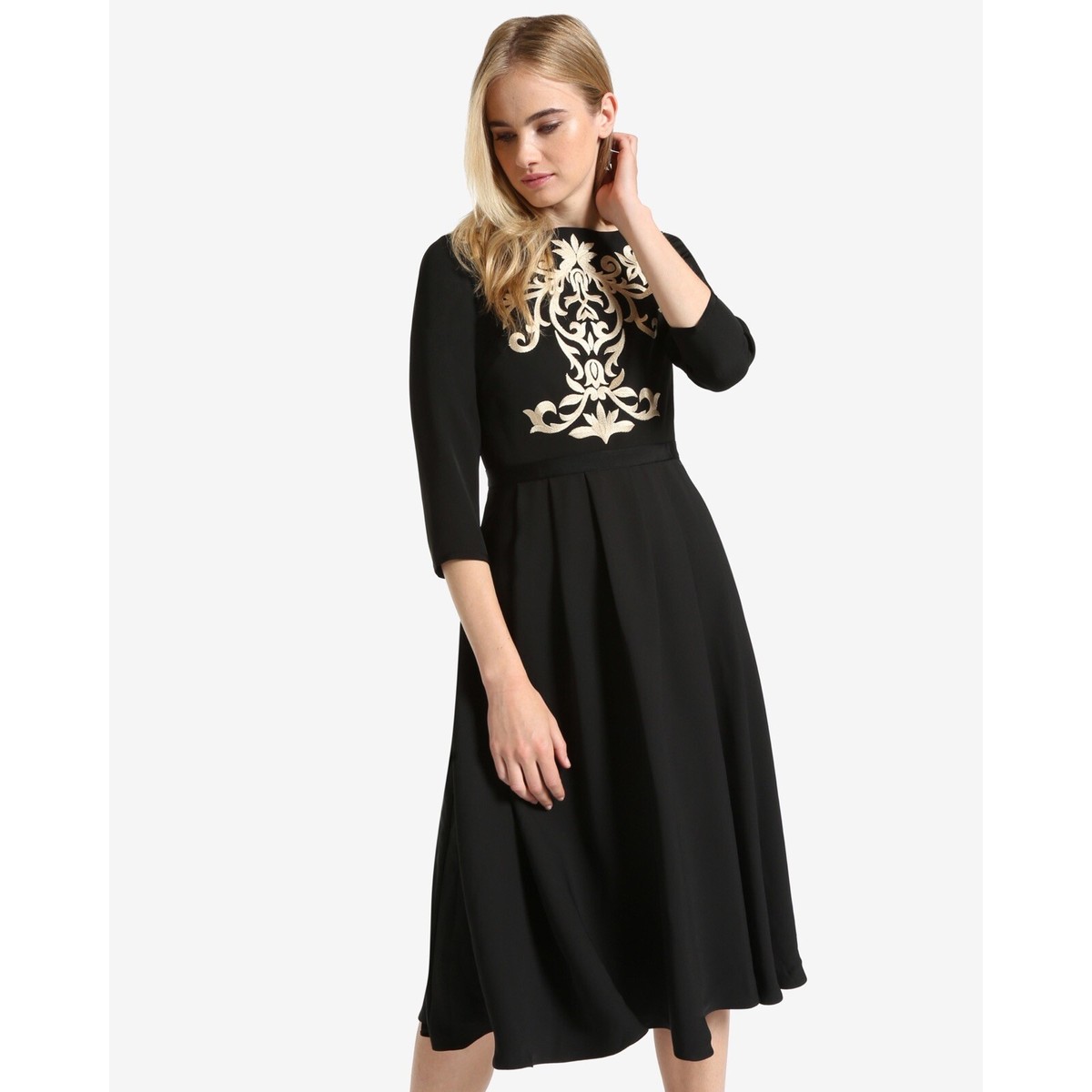 ted baker black dress gold embroidery London Shamari Embroidered Bodice Midi 6 TB1 $355 NWT category_collection/valentines