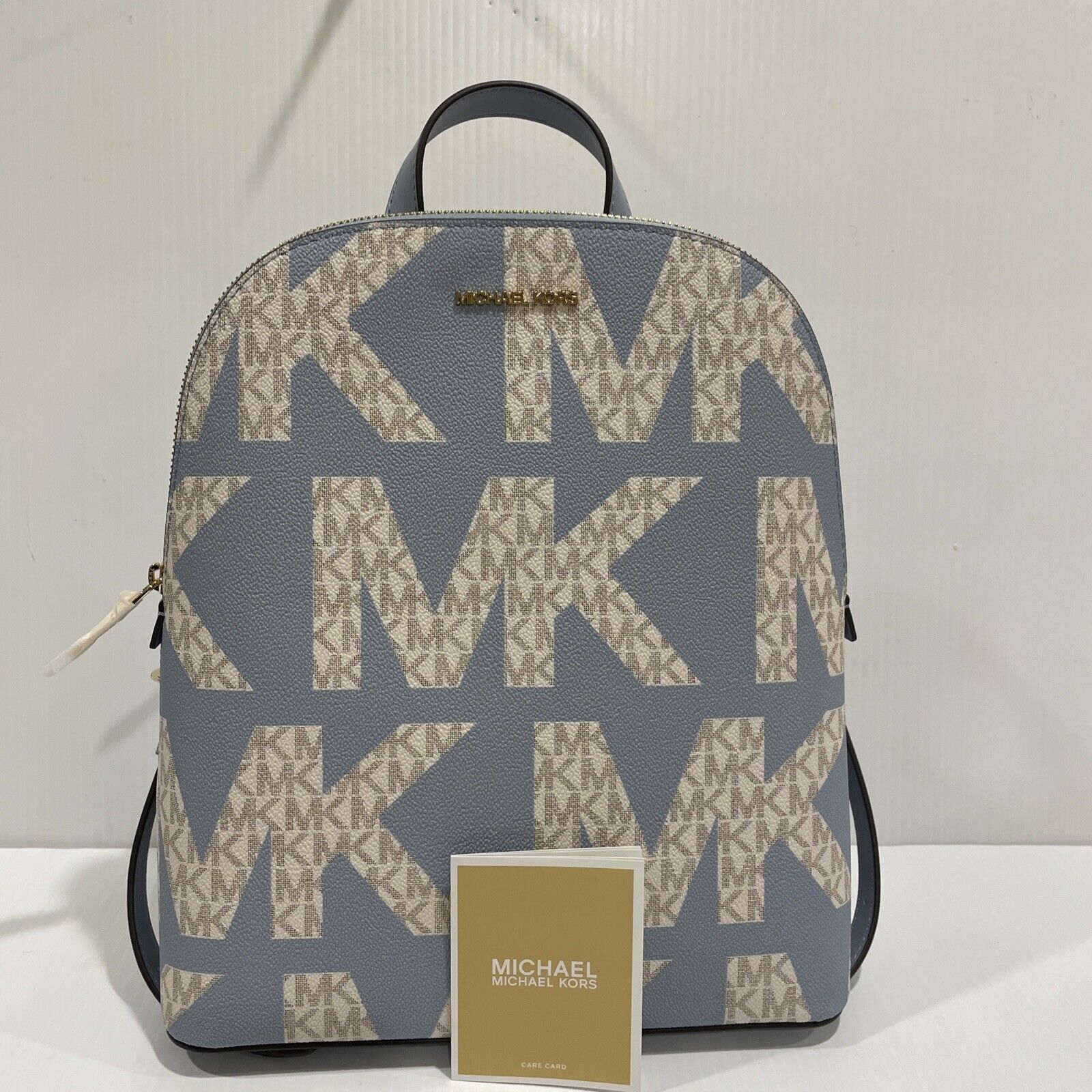 NWT $298 MICHAEL KORS CINDY LARGE GRAPHIC LOGO BACKPACK PALE BLUE MULTI