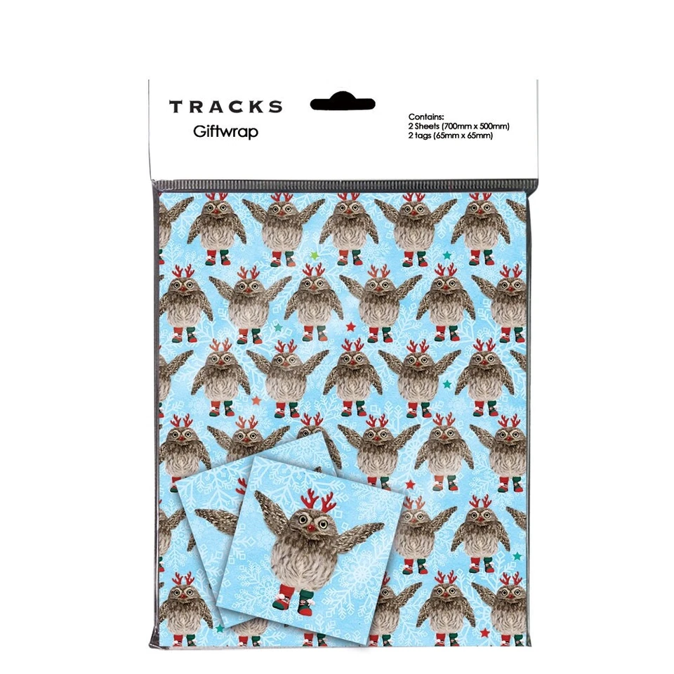 Owl Reindeer Christmas Wrapping Paper - 2 Sheets of Xmas Giftwrap and 2 Tags