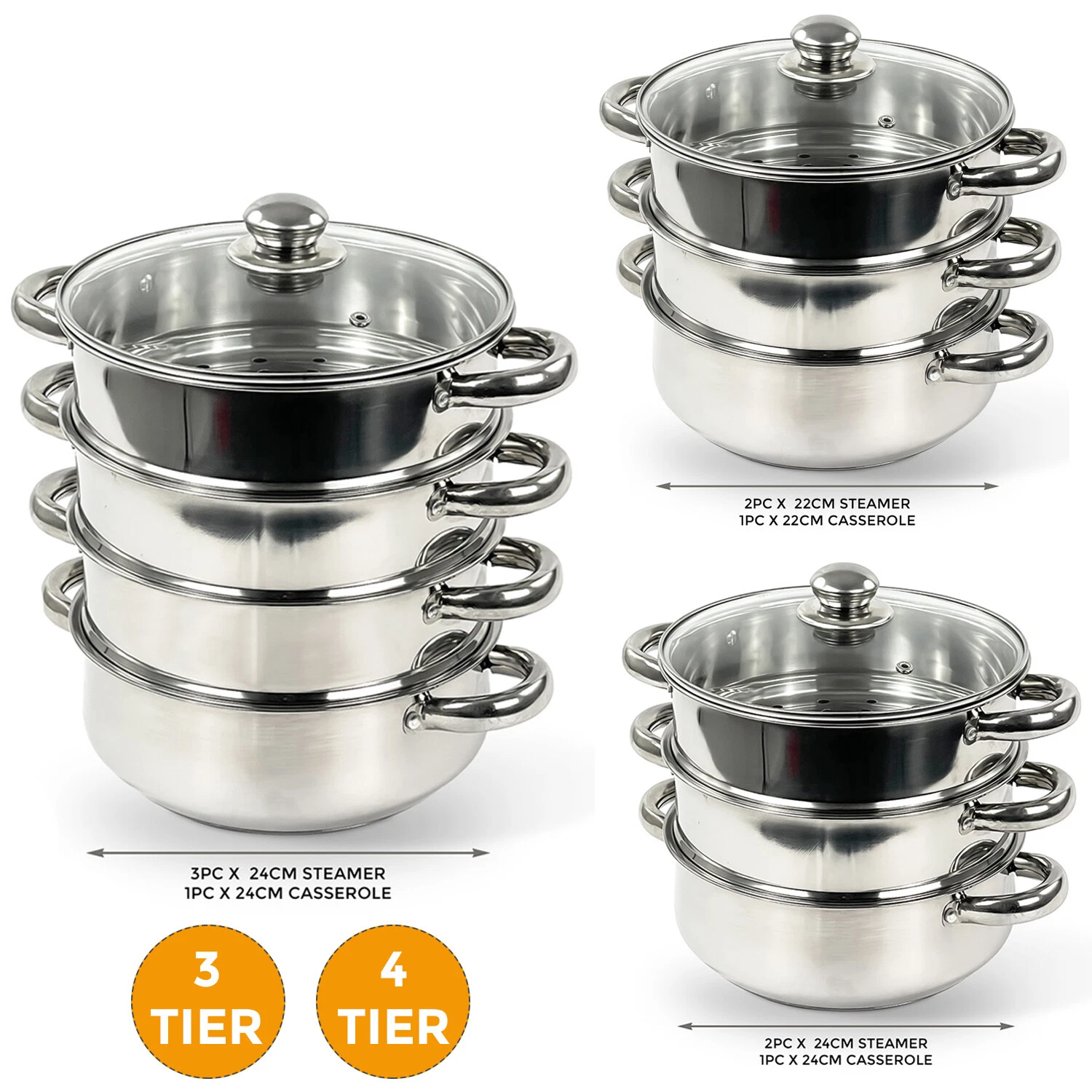 3/4TIER 22/24CM STEEL INDUCTION HOB STEAMER MULTI VEG S/S COOKER POT GLASS LID