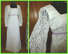 Vtg 70s White Sheer Lace Long Poet Slv Boho Prairie Wedding Boho Maxi DRESS Gown