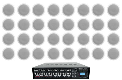 Rockville 4-Zone Multi Room Audio System w/ (32) 6'' 70v White Ceiling Speakers