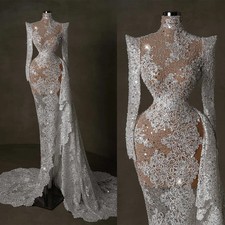 See Through Mermaid Wedding Dresses Appliques Gowns Pearls Sequins Long Sleeve