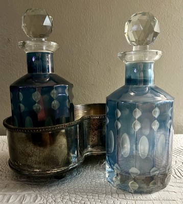 Pair Of 7  Vintage Blue Clear Cut Apothecary Bottles With Stand