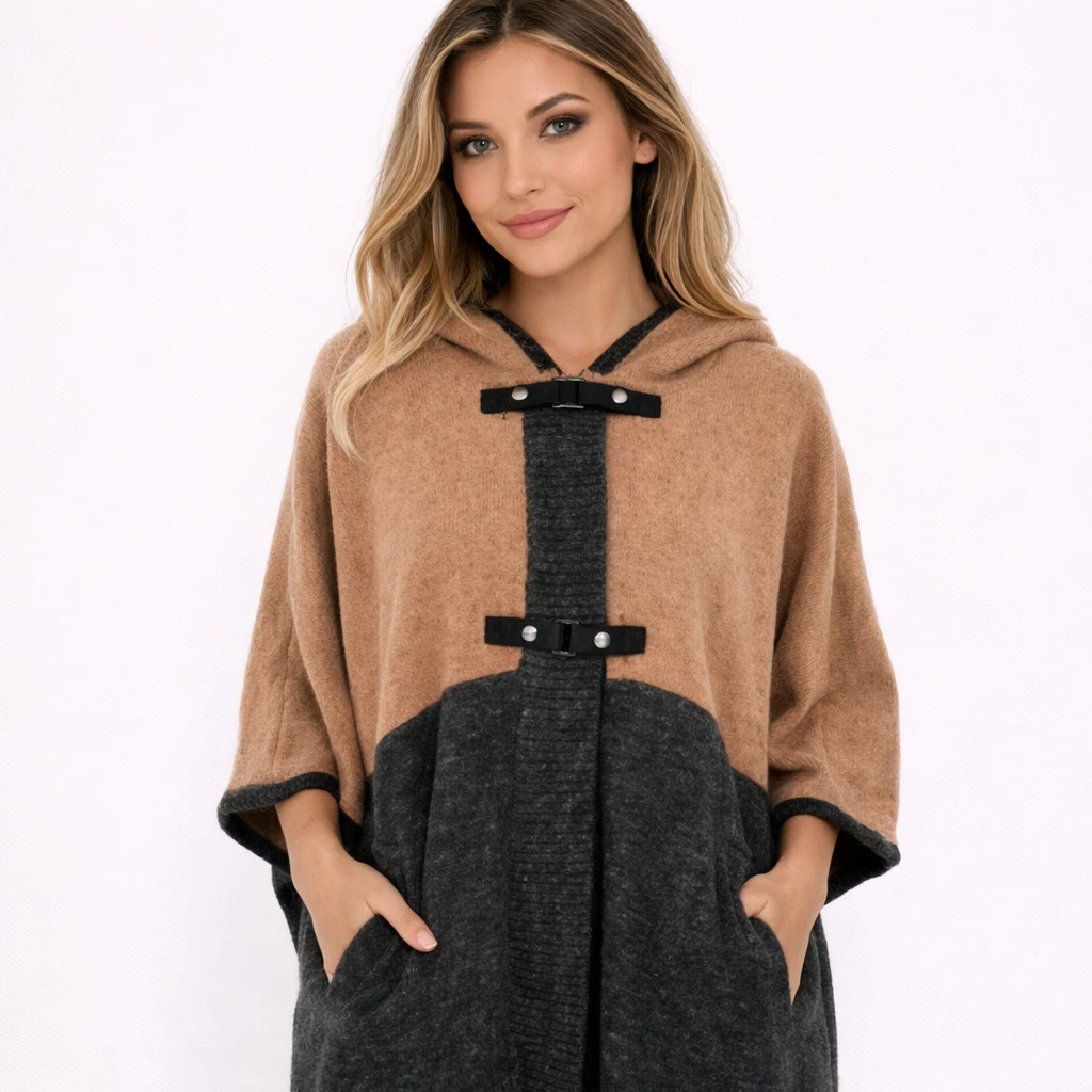 Max Studio Hooded Camel/Charcoal Colorblock Poncho Sz S Cozy Gift Wool Blend