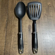2 Farberware Slotted Spatula Turner Flipper & Solid Spoon Black Nylon Plastic