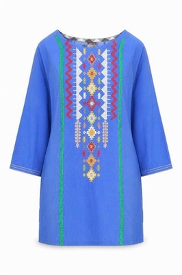 Much More Damen Tunika Bluse Größe 6 Blau Geometrisches Muster Rundhals 3/4 Arm
