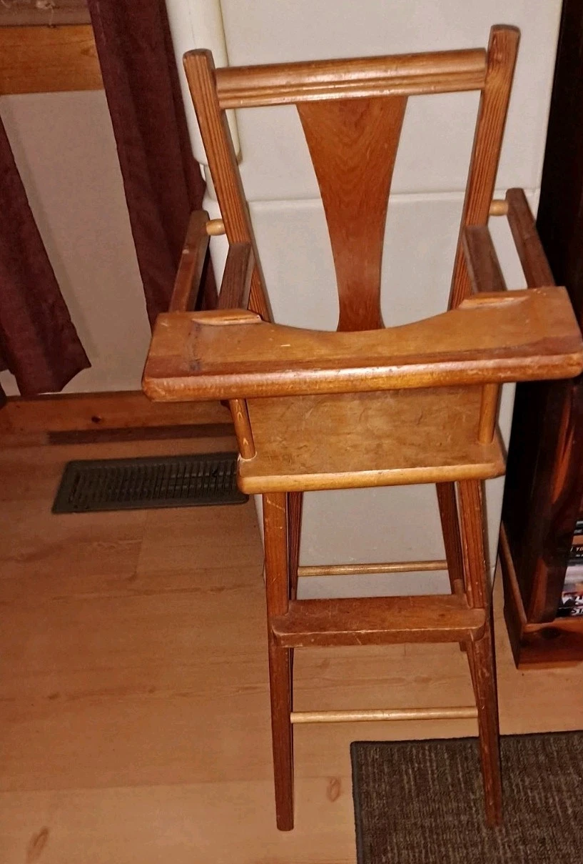 Wooden Baby Doll High Chair W/ Pullover Tray Vintage