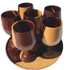 Vtg Hand Turned Walnut Wood Goblets Tray Set Boho Rustic Scandi MCM Barware Lot