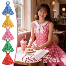 Women 50s 60s Retro Polka Dot Dress Sleeveless Round Collar Swing Midi Dress.