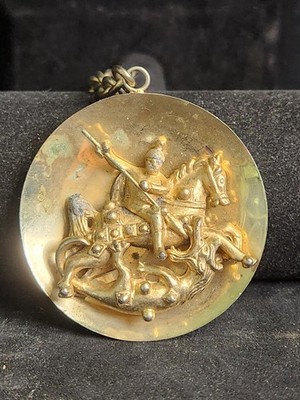 St George Slaying the Dragon Gold Tone Medallion Brooch S1