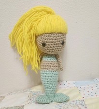 Unique Amigurumi Mermaid doll Handmade Crochet 14  Yellow Hair Mint Tan Body