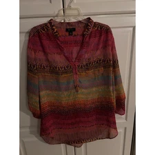 AB STUDIO Women's XL Geometric Print V Neck Tunic Blouse Top Roll Tab Sleeves