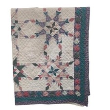 Vintage Hand Quilted Star Quilt 64x82 Labeled Patchwork American Cottage Bedding