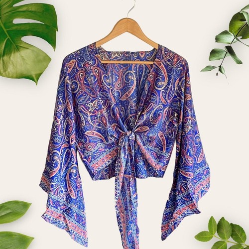FAIRTRADE boho HIPPY festival 70s STYLE flared BELL sleeve PAISLEY sari WRAP top - Picture 3 of 8