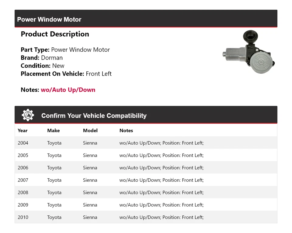 Motor de ventana eléctrica delantero izquierdo Toyota Sienna Dorman 2004-2010 2005 2006 2007 Foto 2 de 4