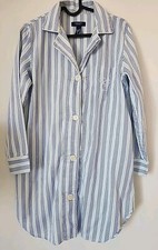 Chaps Blue Striped Monogram Embroidered Cotton Sleep Shirt Dress Small