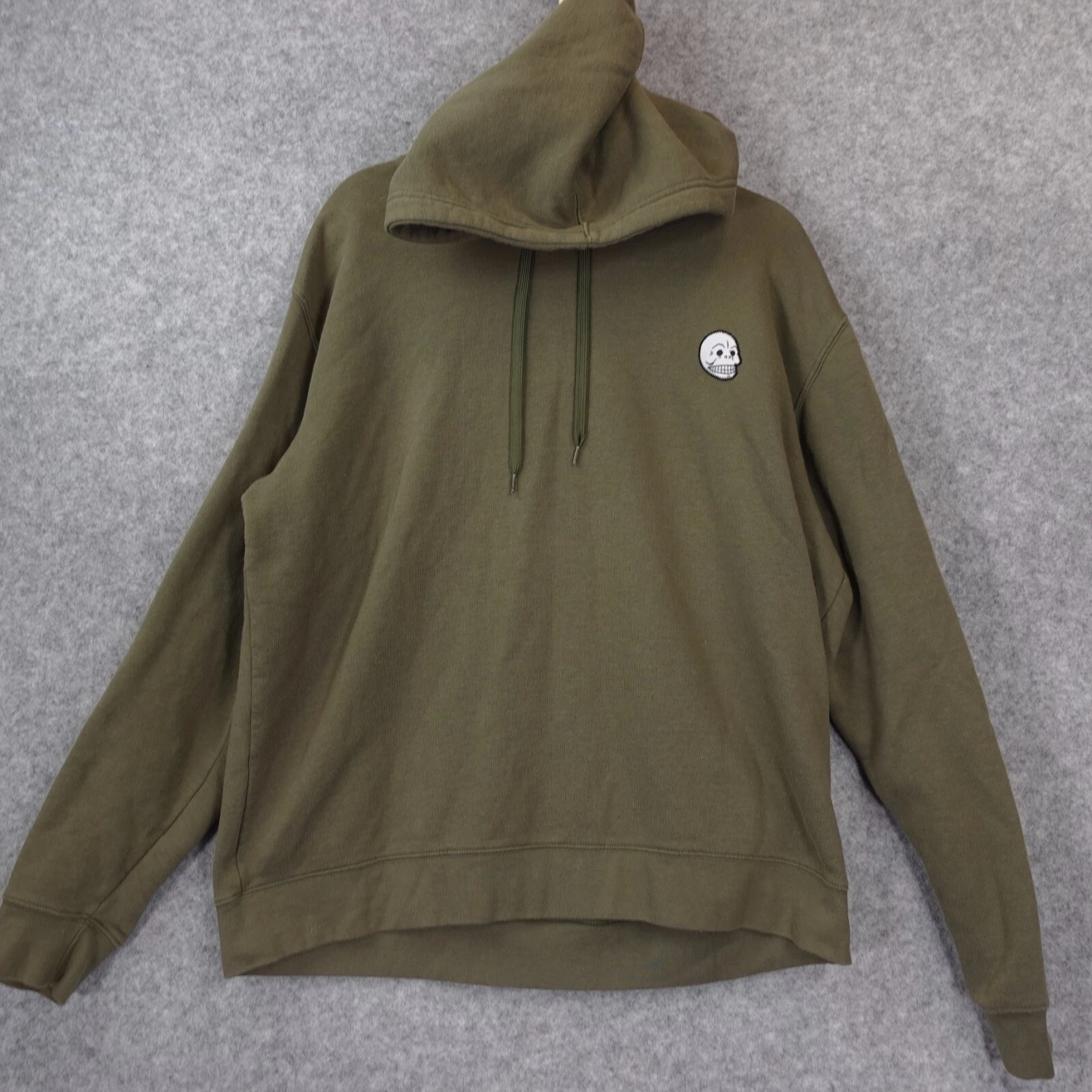 Army Green Fleece Hoodie Mens M Pullover Skull Badge Skater Street CHEAP MONDAY