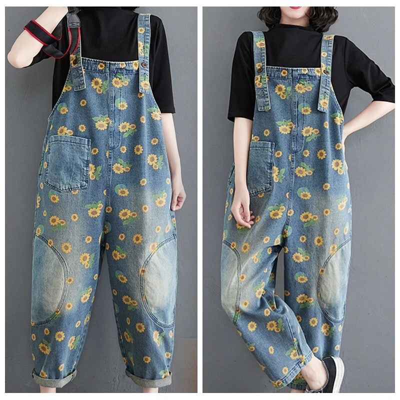 Damen Sonnenblume Bedruckt Denim Latzhose Overall Lätzchen Hose Jeans Freizeit - Bild 2 von 4