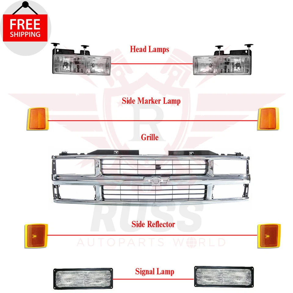 New Front Chrome Grille Headlamp Side Lights For 1994-1999 Chevy C1500 SUBURBAN - Image 2 of 4