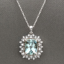 3.40Ct Natural Aquamarine and Diamond 14K Solid White Gold Necklace