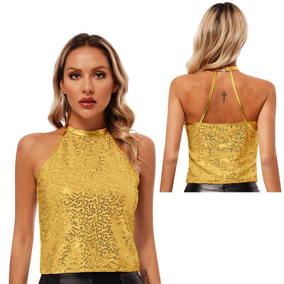 DE Damen Neckholder Tank Tops Glitzer Shirt Pailletten verziert Ärmellos Weste