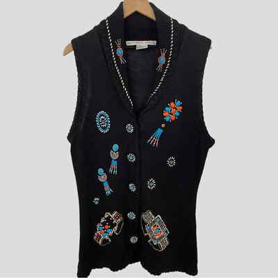 Vintage Victoria Jones Black Knit Southwest Beaded Long Sleeveless Cardigan 