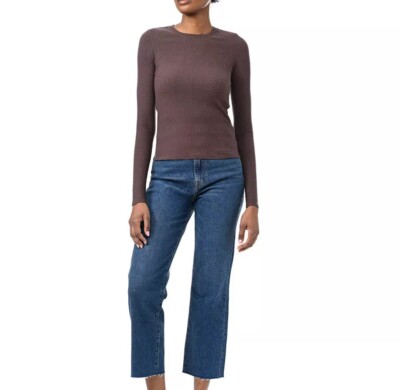 Splendid Womens Rib Classic Long Sleeve Crew Neck Tee, Size Large, Color Brown.