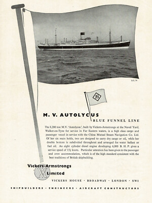 1940s Vintage Autolycus China Cruise Ship Vickers Armstrongs Photo Print Ad