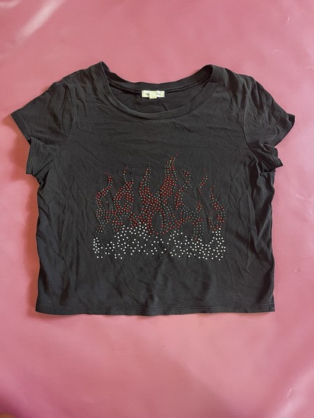 Black Baby Tee With Rhinestones Flames Punk Goth Size Small 