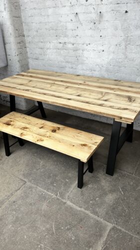 Reclaimed 6ft Scaffold Wood Board Dining Table Trapezium Steel 4ft Bench