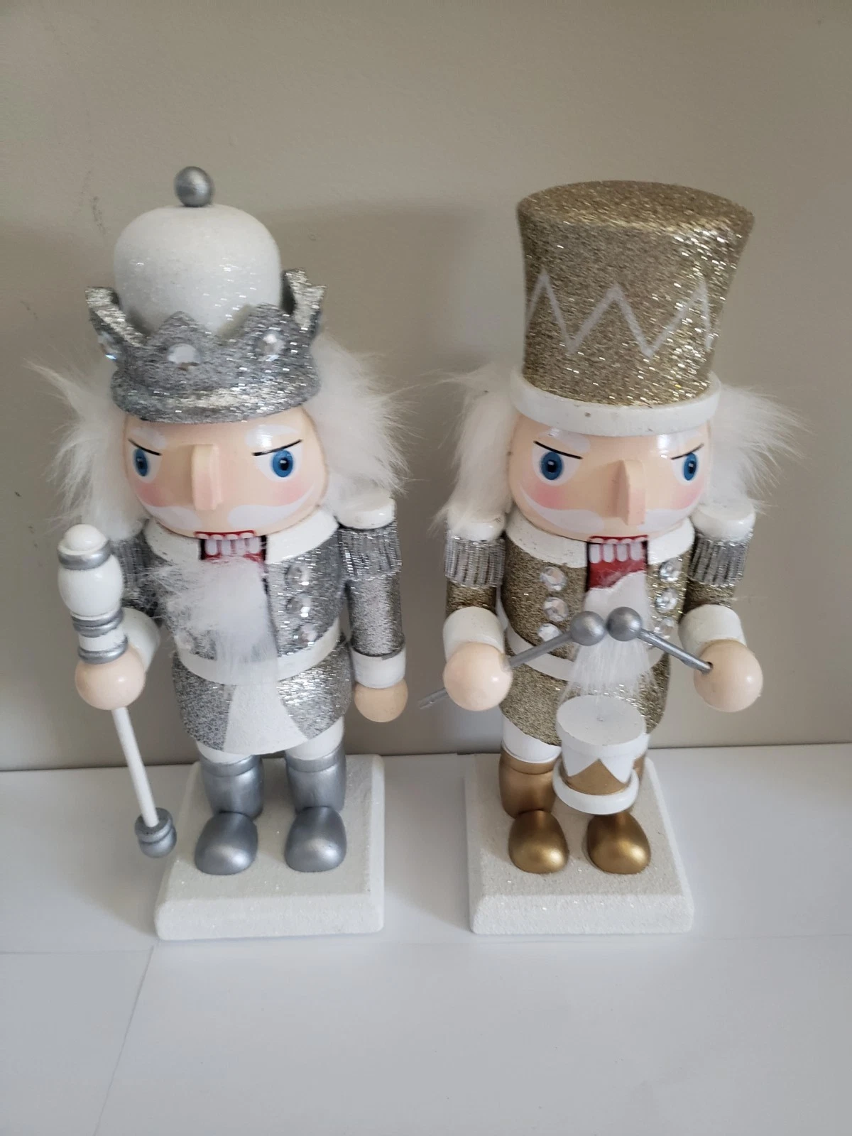 2025 Wooden Nutcracker Square Pedestal Glitter Gold Drummer & Silver Staff Hold
