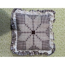 Brown Gingham Check Ruffled Throw Pillow Eyelet Lace Embroidered Star Farmhouse