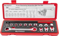 BILITOOLS 15-Piece Universal Serpentine Belt Tool Set, Ratcheting Red 