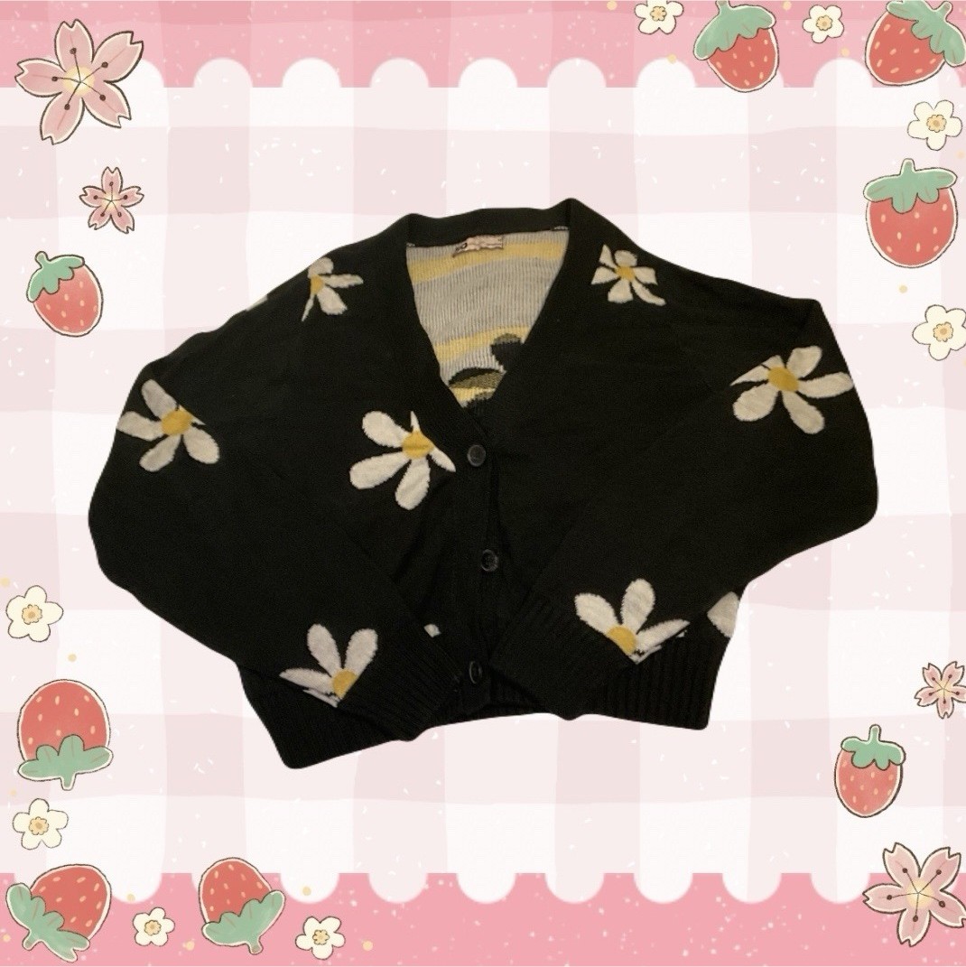 SO Black Knit Floral Daisy Button-Up V-Neck Long Sleeve Cardigan Sweater M