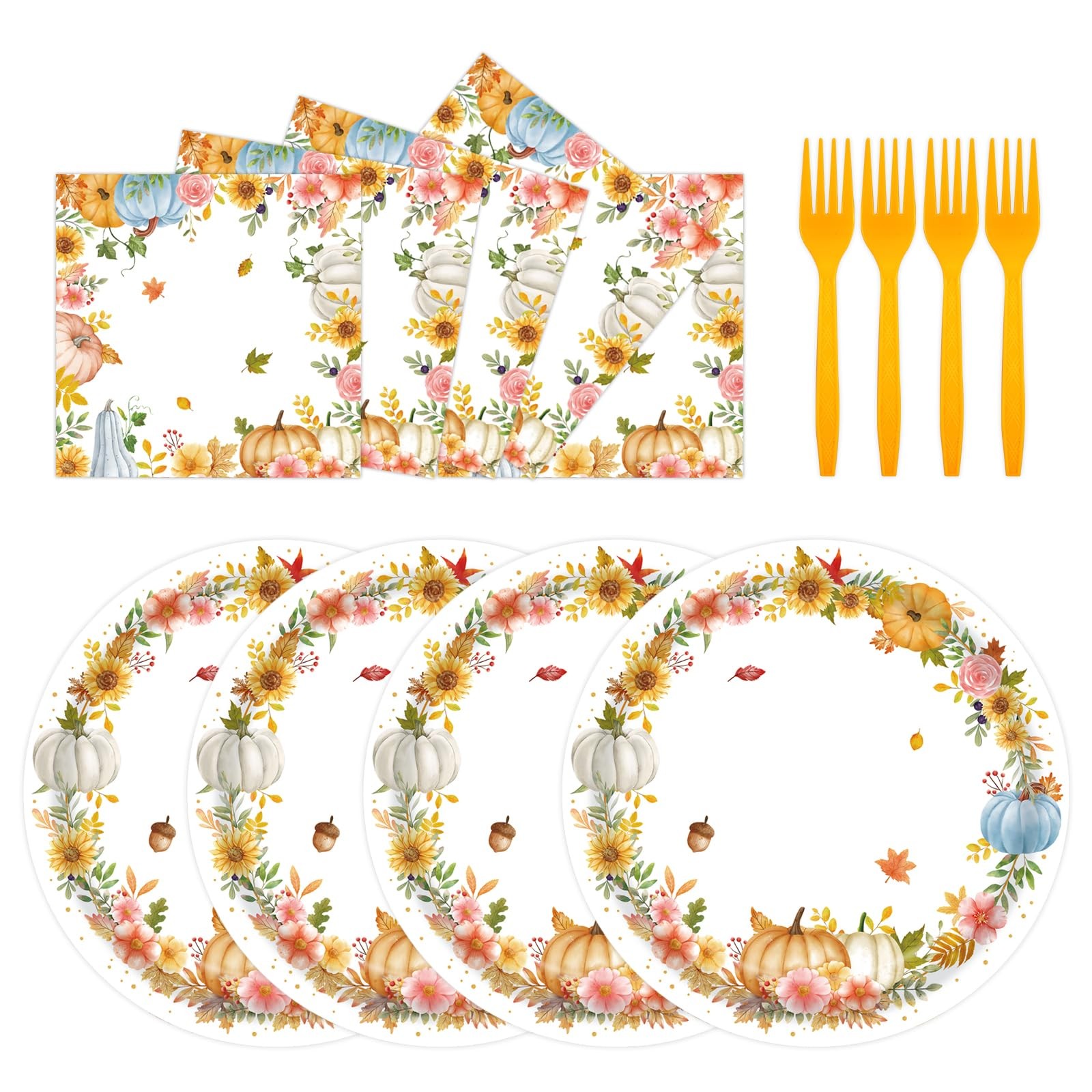 72 Pcs Fall Party Supplies Paper Plates and Napkins, Thanksgiving Pumpkin Flo...