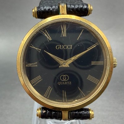 Gucci 2000M Watch Men 30mm Black Dial Gold Plated Leather Round New Battery VTG2