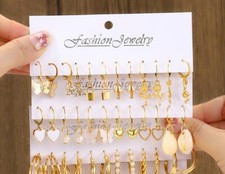 24 Pairs Set Of Tiny Delicate Hoop Earrings With Butterfly Shell Imitation Pearl