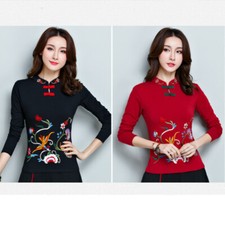 Lady Floral Embroidery T-shirt Blouse Tops Mandarin Collar Ethnic Cotton Vintage